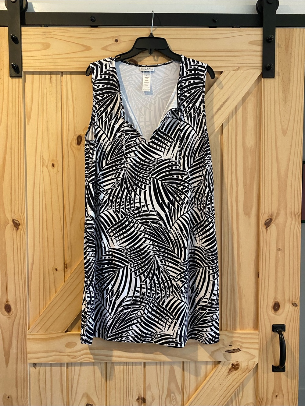Tommy Bahama Black & White Palm-Pattern Sleeveless Dress, Stretchy, XL